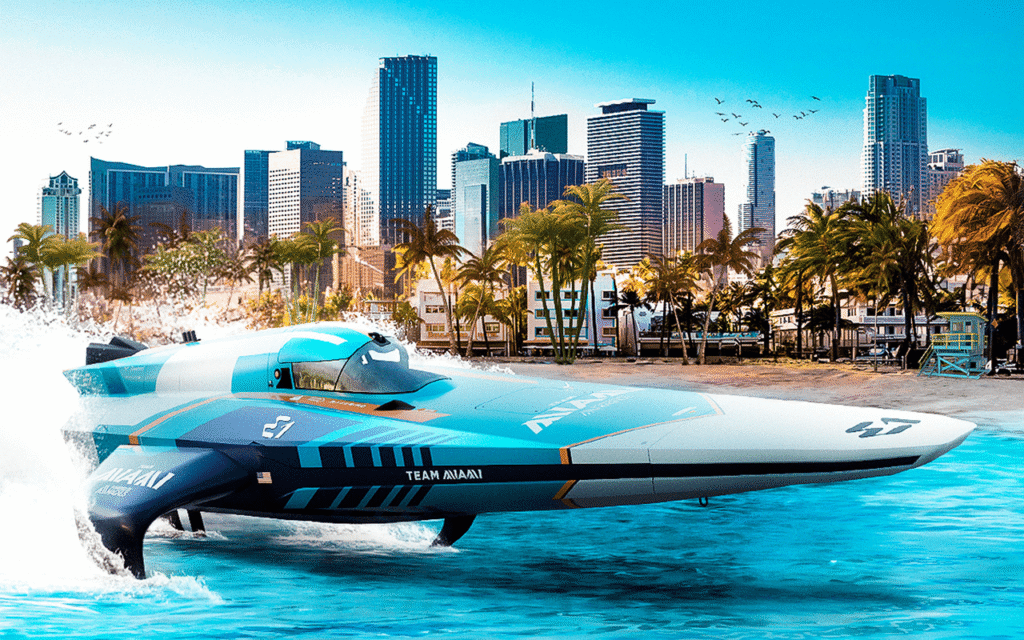 Image depicting a power boat gliding across the water on the coast of Miami.